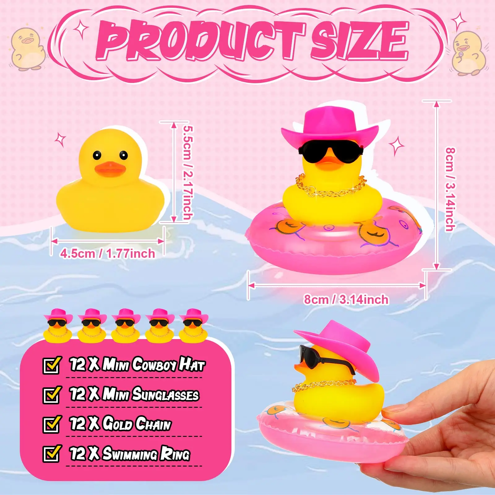 12/24/36PC Cowboy Rubber Duck Bulk Mini Car Yellow Duckies Bath Toys Party Favor with Necklace Sunglasses Duck Car Dashboard 3