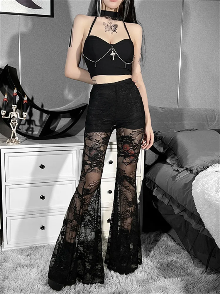 

2023 Gothic Style Women Gauze Mesh Pants Female See-through Sexy Wide Leg Trousers Goth Night Club Wear Egirl Y2k Alt Clothing