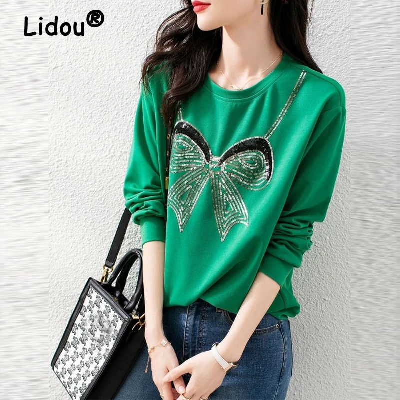 2023Spring Auutmn Korean Fashion Chic Bow Rhinestone Green Long Sleeve Cotton Top Female Casual Loose Women's Sweatshirt Clothes women sexy chic jumpsuit rhinestone hollow out see through skinny club party rompers stretch long sleeve one piece overalls