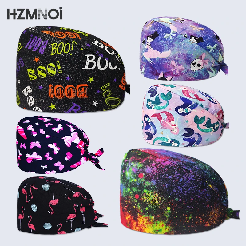 Personalized Fashion Colorful Print Ladies Scrub Cap Adjustable Beauty Salon Work Cap Laboratory Pet Shop Nurse Cap Surgical Cap men's skullies & beanies