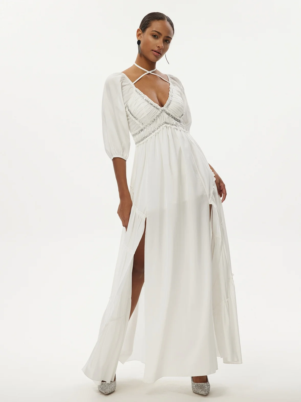 

Vestidos De Novia Backless Cross Straps Women White Sexy V Neck Sleeveless Midi Birthday Club Elastic Waist Cocktail Party Dress