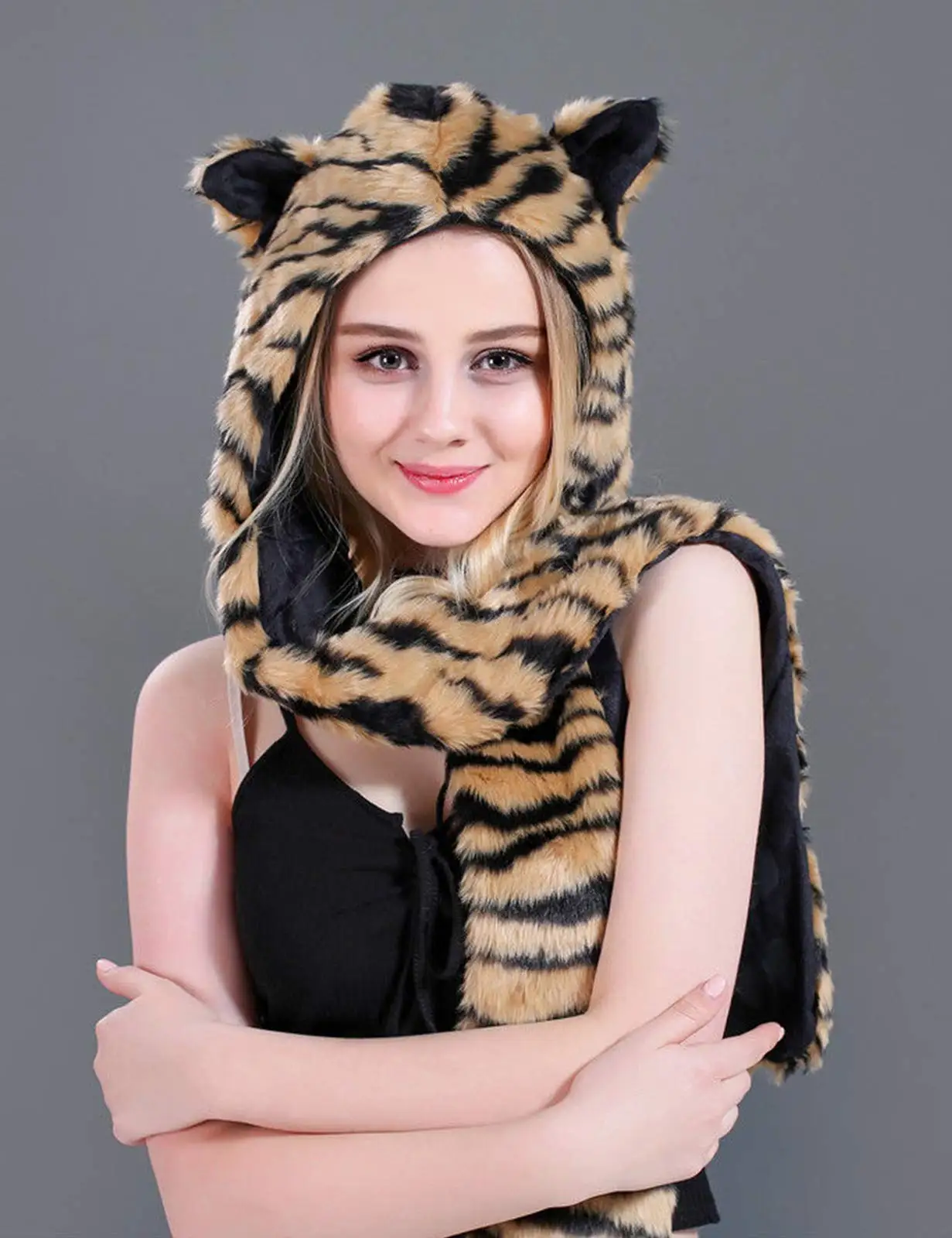 Tiger, Autumn and Winter Nnovelty Faux Fur Hoods Animal Hat Scarf Gloves 3 in1 Fleece Hooded Plush Warm Earmuff Party Caps