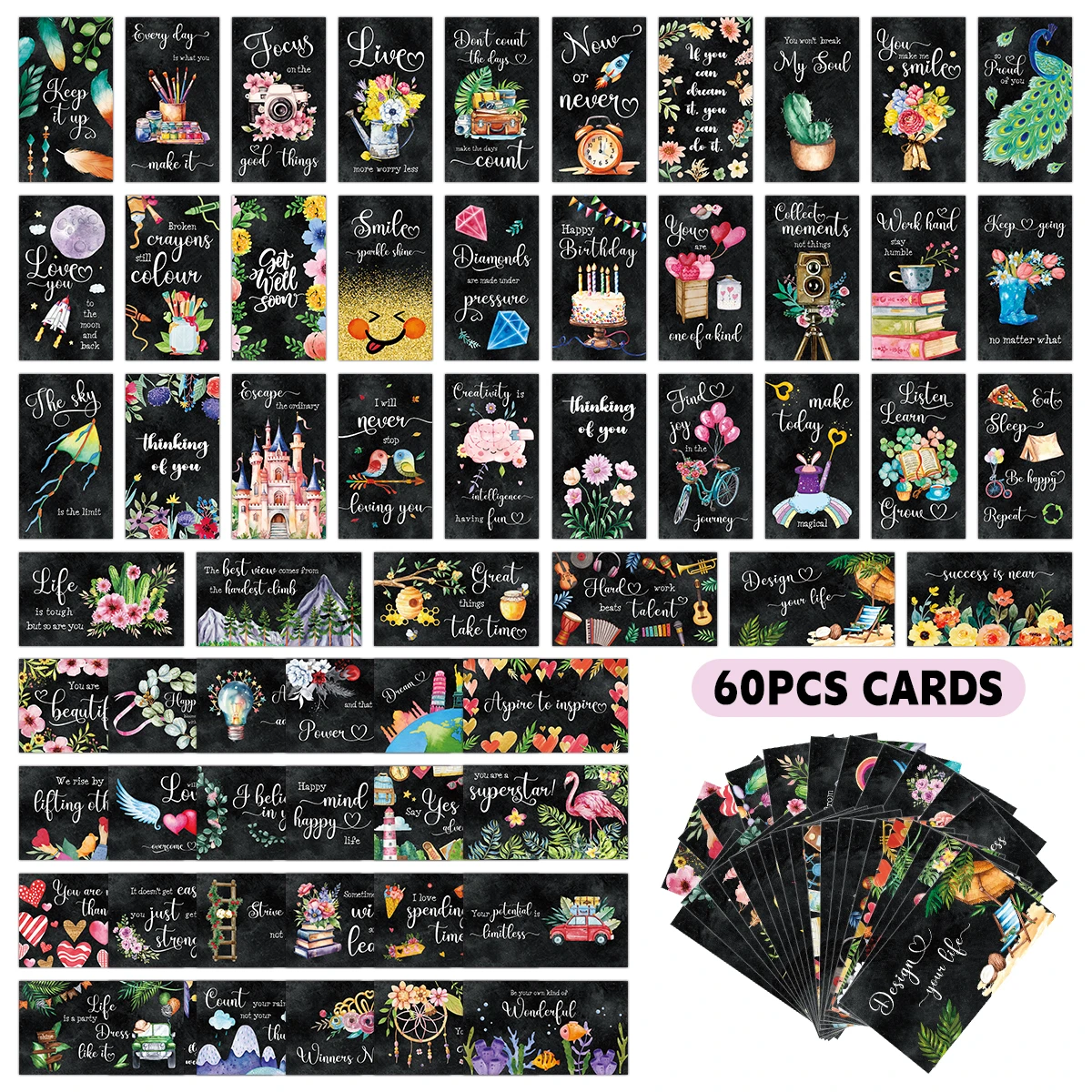 Inspirational Cards Motivational Lunch Box Notes Chalkboard Message Cards with Quotes Positive Affirmations Card for Women 60pcs cultural cards