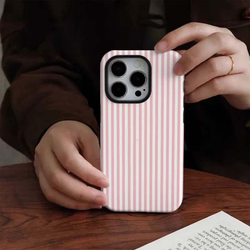 Chic Pink & White Striped Glossy Phone Case - Durable 2-in-1 Design