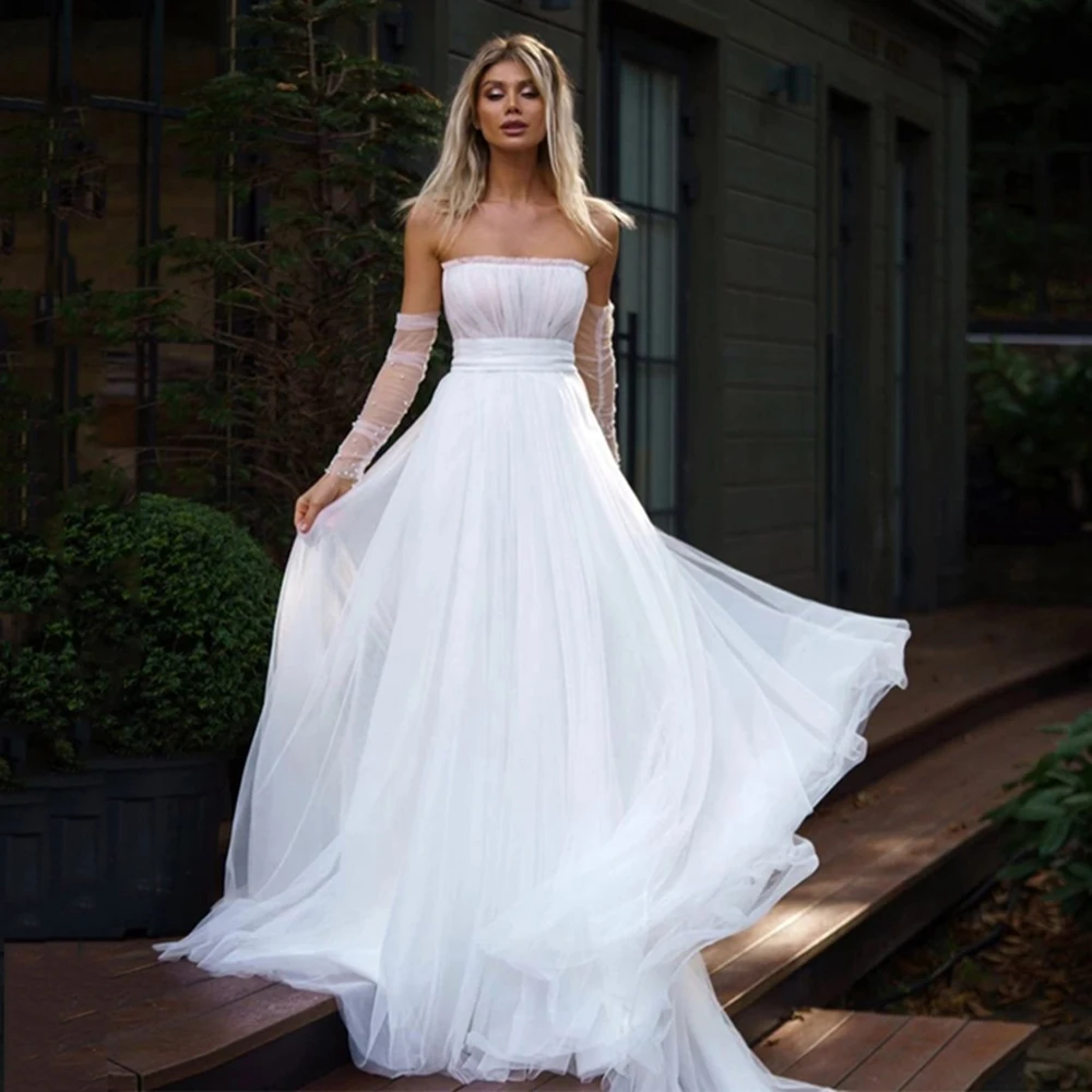 Modern White Strapless Removable Sleeves Beach Wedding Dress