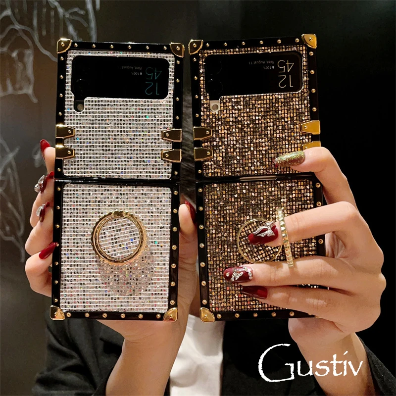 

Luxury Diamond Phone Case For Samsung Galaxy Z Flip 4 Golden Shockproof Funda For Samsung Z Flip 3 Cases 5G Ring Holder Coque