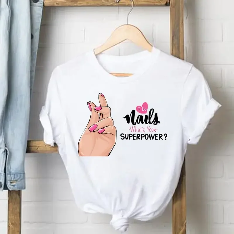 

Women T Shirt Lady Letter Fingernail Nail Letter 90s Clothes Female Top Short Sleeve Fashion Tshirt Summer Graphic T-shirts
