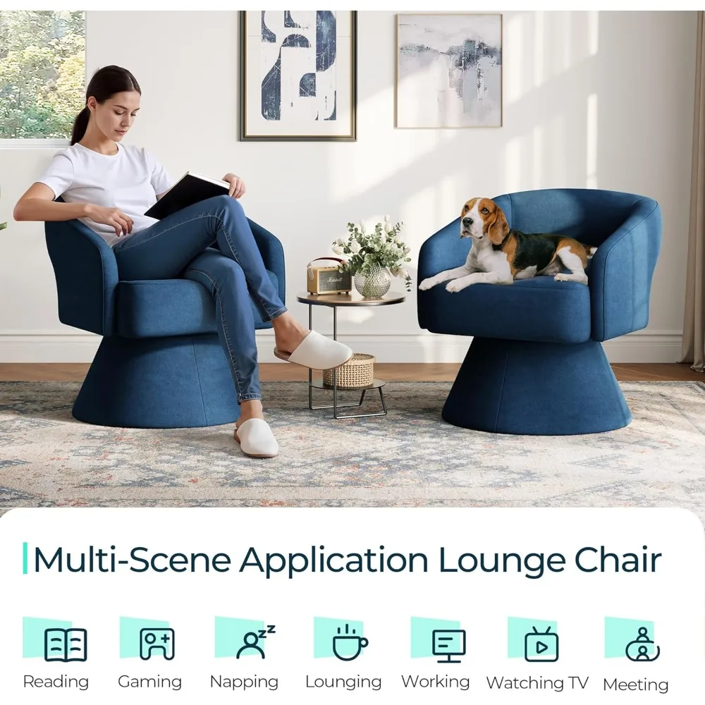 Modern 360 Swivel Barrel Chair, Blue Velvet Accent Chair with Arms for Small Spaces Living Room Bedroom