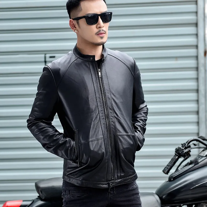 Spring Mens New Genuine Leather Jackets Short Slim Sheepskin O-Neck Zippers Biker Punk Style Outerwear Casual Concise Coat genuine leather coats & jackets