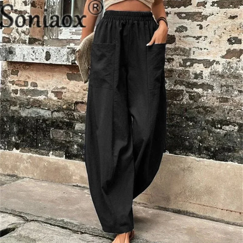 Summer Solid Color Casual Wide Leg Long Pants Female 2023 Fashion Streetwear Splicing Pocket Elastic Waist Daily Women Trousers