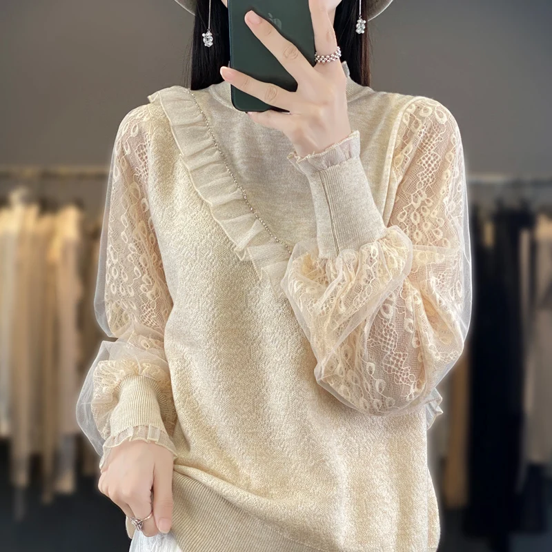 

RONGYI 2024 Luxury Women's New Lace-Studded Wool O-Neck Pullover Spring And Autumn Knitted Bottoming Shirt Solid Color Top