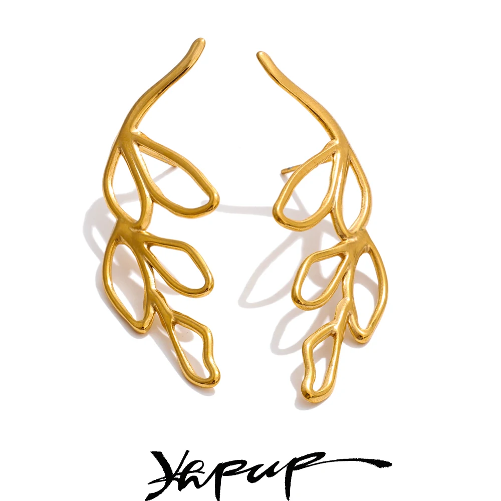 Yhpup Stainless Steel Leaf Hollow Big Stud Earrings Women