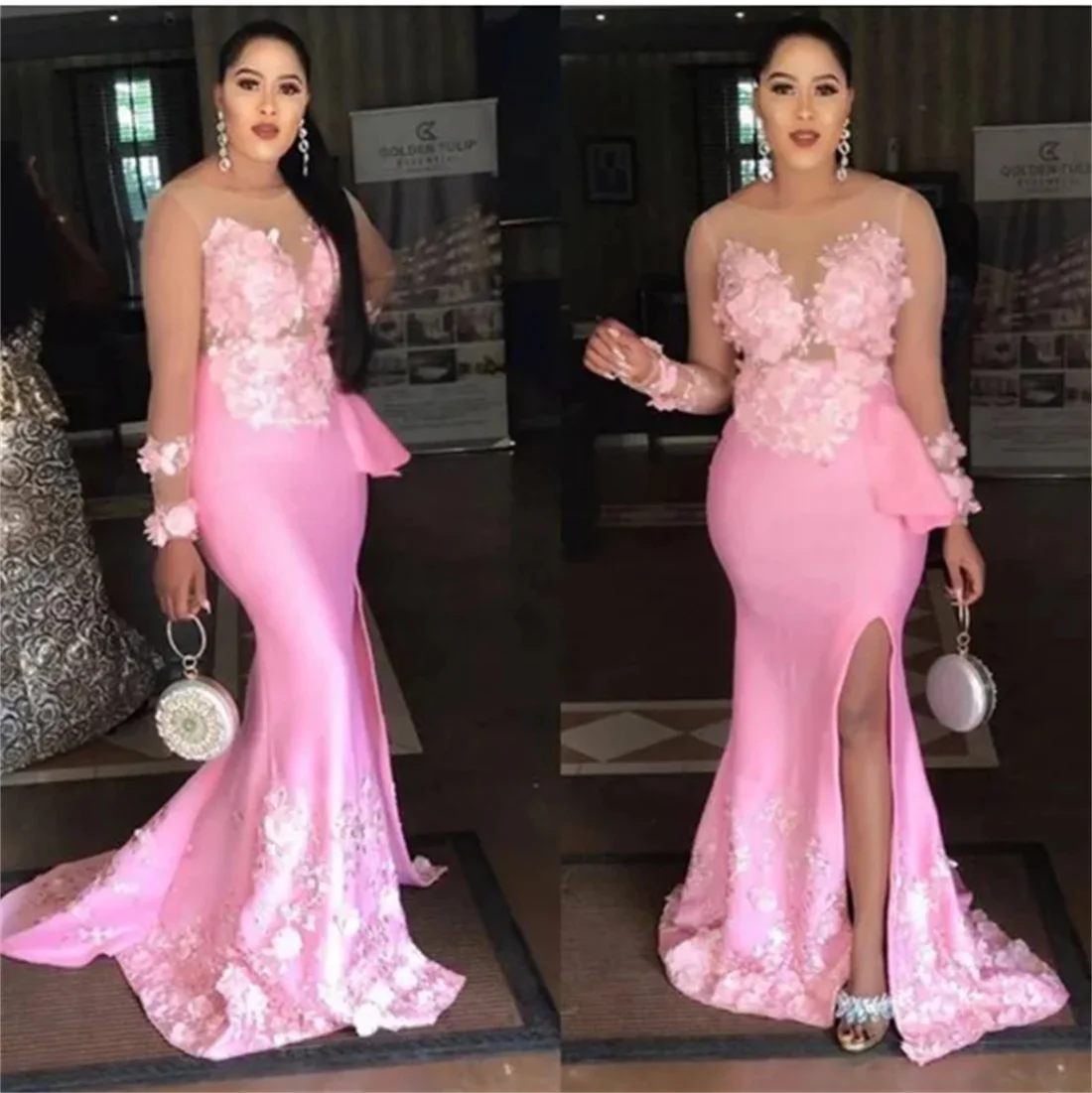 

Romantic Sheer Long Sleeve Pink Prom Dresses Mermaid Side Split Appliques Arabic Vestidos Largos Gowns Vestido Mujer Elegante