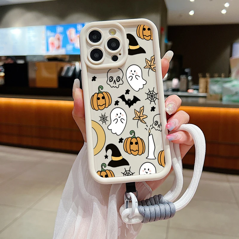 Halloween Pumpkin Ghost Design Soft Lanyard Rope Silicone Phone Case