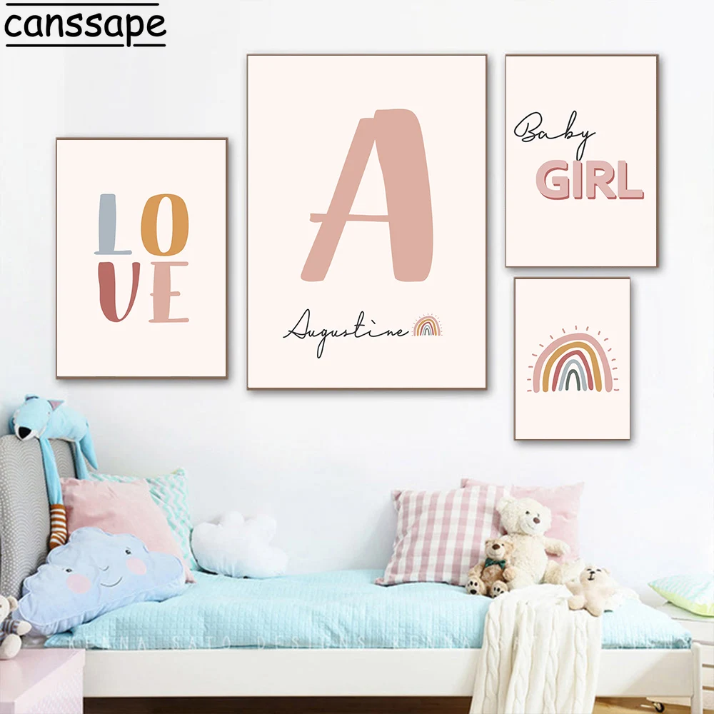 

Custom Name Print Painting Rainbow Wall Art Love Canvas Pictures Pink Art Prints Nordic Nursery Posters Kids Girls Bedroom Decor