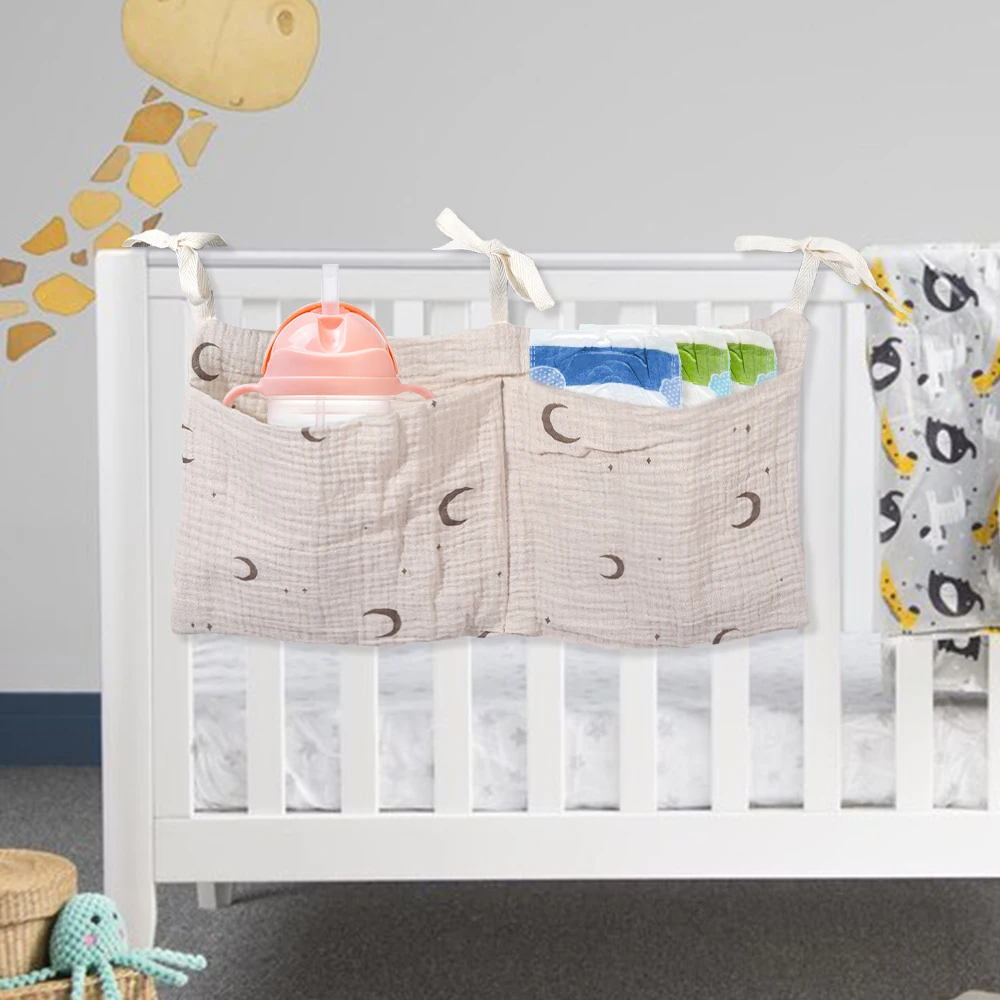 1pc Baby Bedside Hanging Storage Bag Baby Cribs Storage Organizer with Two Pockets,Rainbow Stripes Soft Fabric Storage Organizer 2