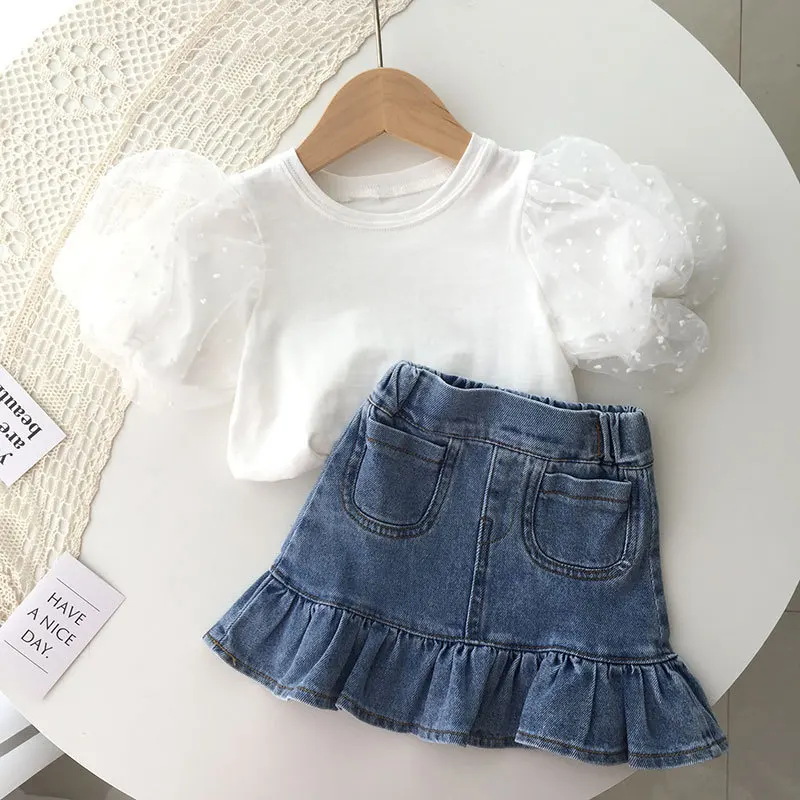 

Two Piece Set Summer Kids Clothes Girls 2023 New Puff Sleeves Round Collar T-Shirts+Blue Denim Fishtail Skirt Child Clothes