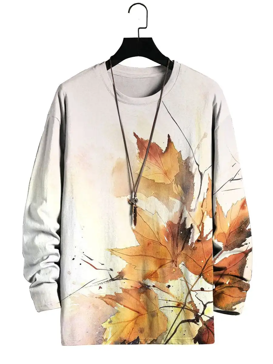 

Men's Watercolor Fall Maple Leaf Print Long Sleeve T-Shirt
