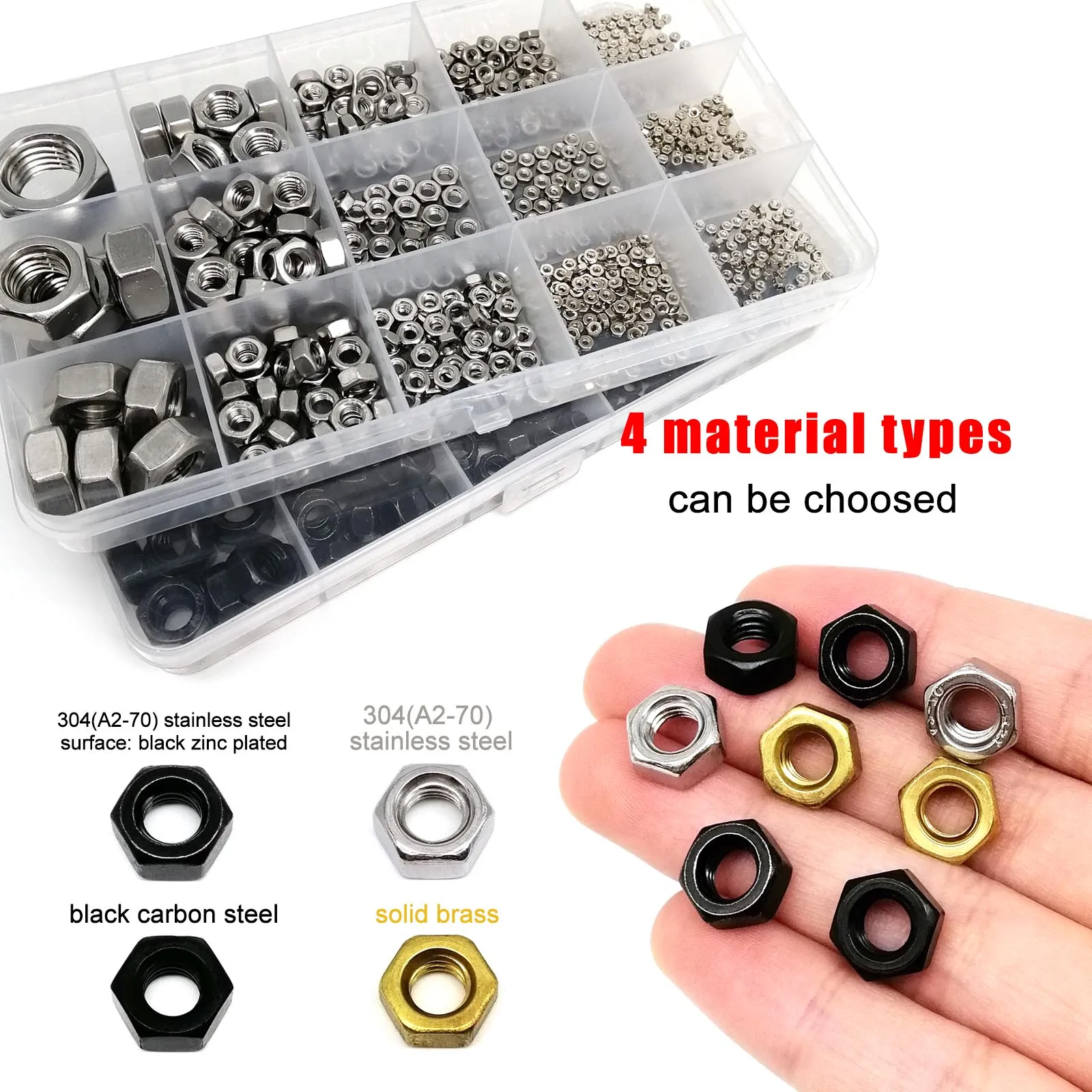 Hexagon Nut Kit 1 Box Mix M1 M1.2 M1.4 M1.6 M2 M2.5 M3 M4 M5 M6 M8 to M16 DIN934 304 Stainless Steel Brass Carbon Steel