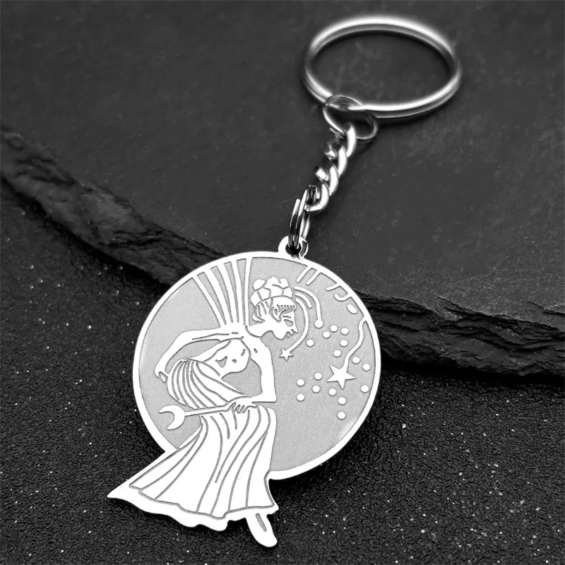 Magische Wicca Fee Stern Mond Runde Medaille Schlüsselanhänger für Frauen Männer Edelstahl Silber Farbe geheimnisvolle Schlüsselanhänger Party Schmuck