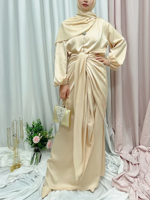 Siskakia Solid Satin Wrap Maxi Dress for Women Muslim Dubai Morocco Turkey O Neck Long