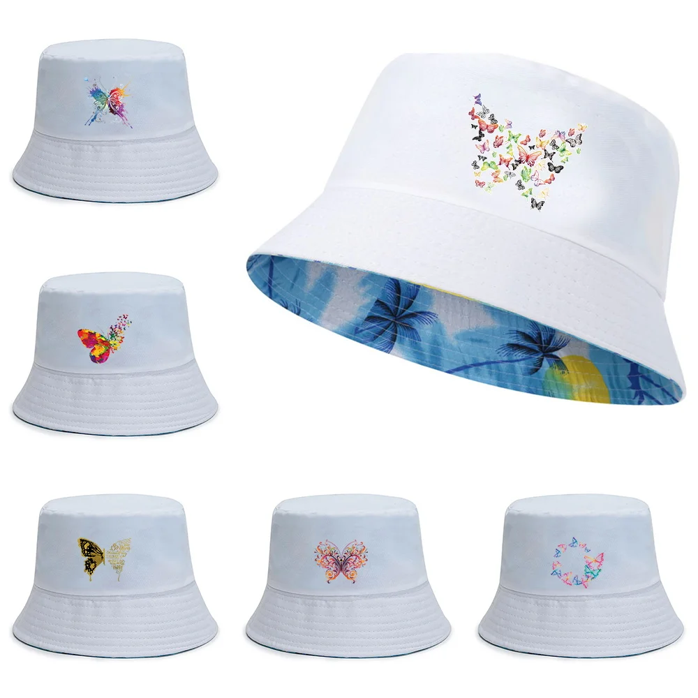 

2022 New Unisex Cotton Double-sided Bucket Hats Summer UV-proof Visors Cap Fishing Hat Butterfly Print Fisherman Caps Beach Hat