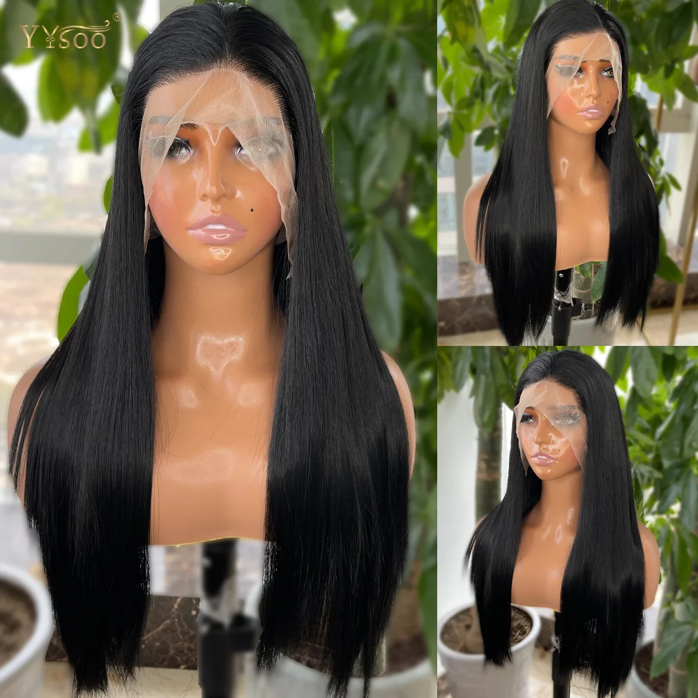 

YYsoo 1# Long Silky Straight Dark Black Synthetic Full Lace Wigs for Women Heat Resistant Japan Futura Hair All Hand Tied Wig