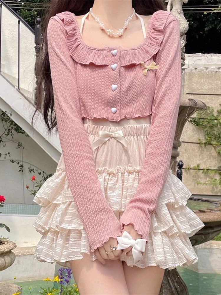 PinkJapaneseKawaiiTwoPieceSetWomenSweetPartyBowCuteSkirt