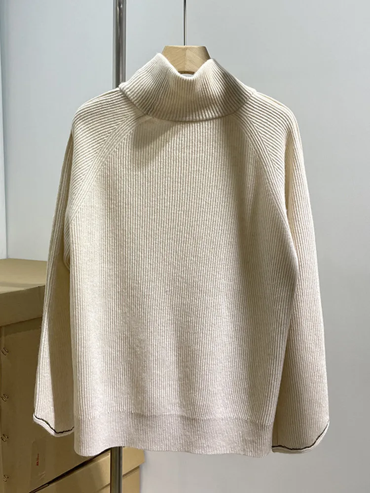 

100% Cashmere Knit Turtleneck Sweater Women Beading Chain Loose Design Feamale Long Sleeve Pullover 2023 New Autumn Winter
