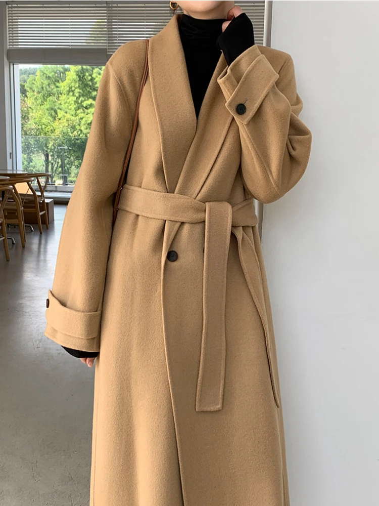 

Sumuyoo Winter Thick Woolen Coat for Women Belted Loose Long Jacket Coat Office Ladies Autumn Warm Wool Coat 2022