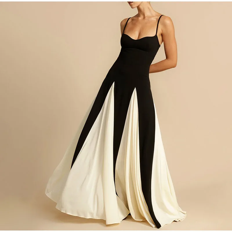 Fashion Patchwork Strap Maxi Dress Women Sexy Sleeveless Backless Female Sling Dresses Summer New Party Lady Robe