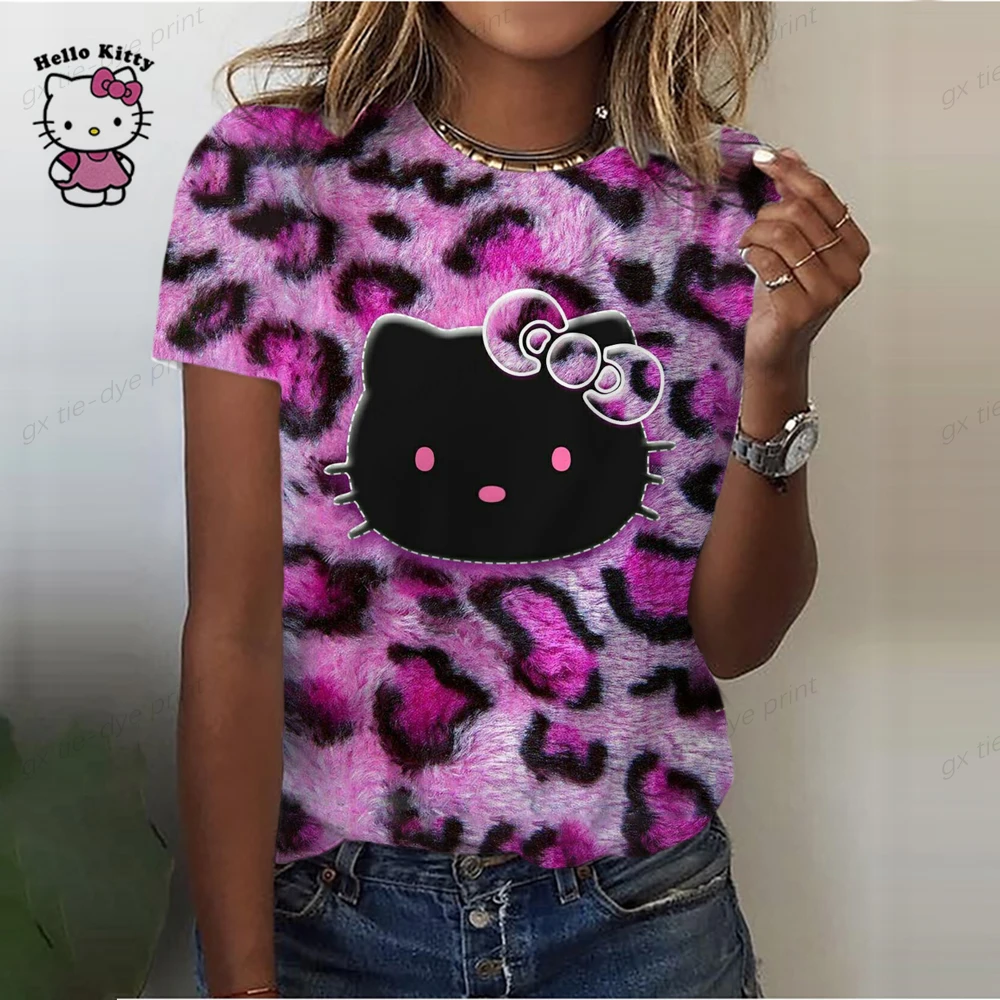 Camiseta informal de manga corta a color para mujer, camisetas de cuello redondo estilo Harajuku, camisetas con estampado de dibujos animados de Hello Kitty, camisetas gráficas kawaii para mujer