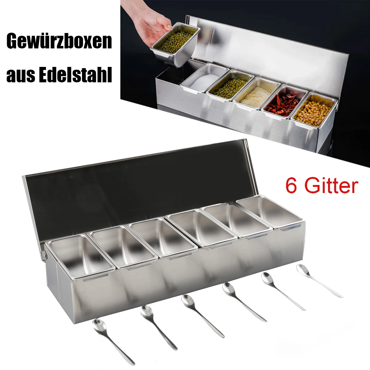 Gewürzbox mit 6 Fächern, Zutatenbox, Aufbewahrungsbehälter, großer Gewürzbox aus Edelstahl, Gewürzdosen für die Küche – Detail 7