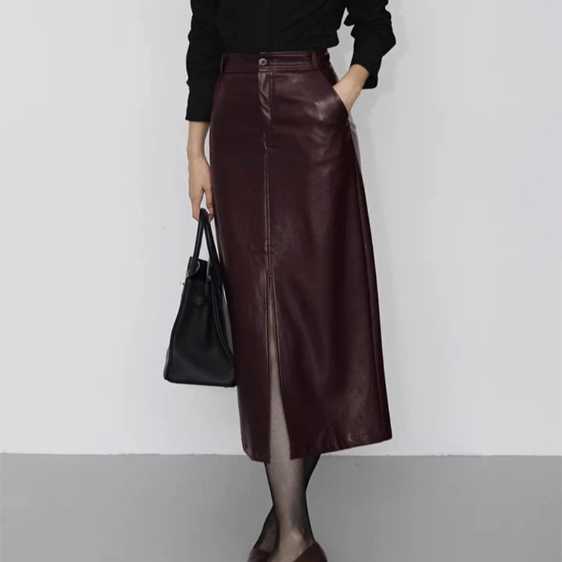 Winter Leather Clothing for Women A-Line Front Split Back Waist Elastic French Long Skirt Female Burdundy Slim Pencil Faldas
