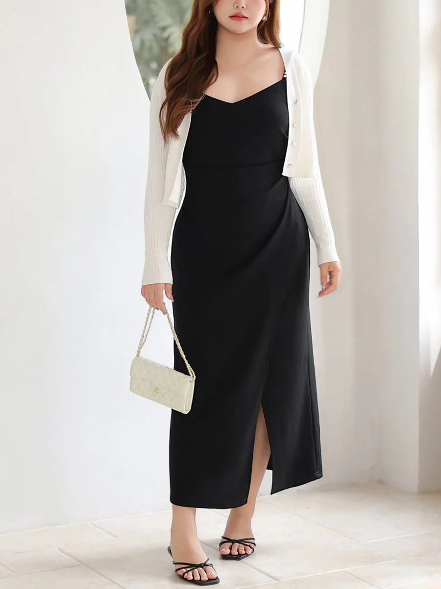 Premium Slim Pleated Waist V-neck Dress Plus Size Women Wedding Birthday Front Slit Pearl Spaghetti Strap Dresses 9235