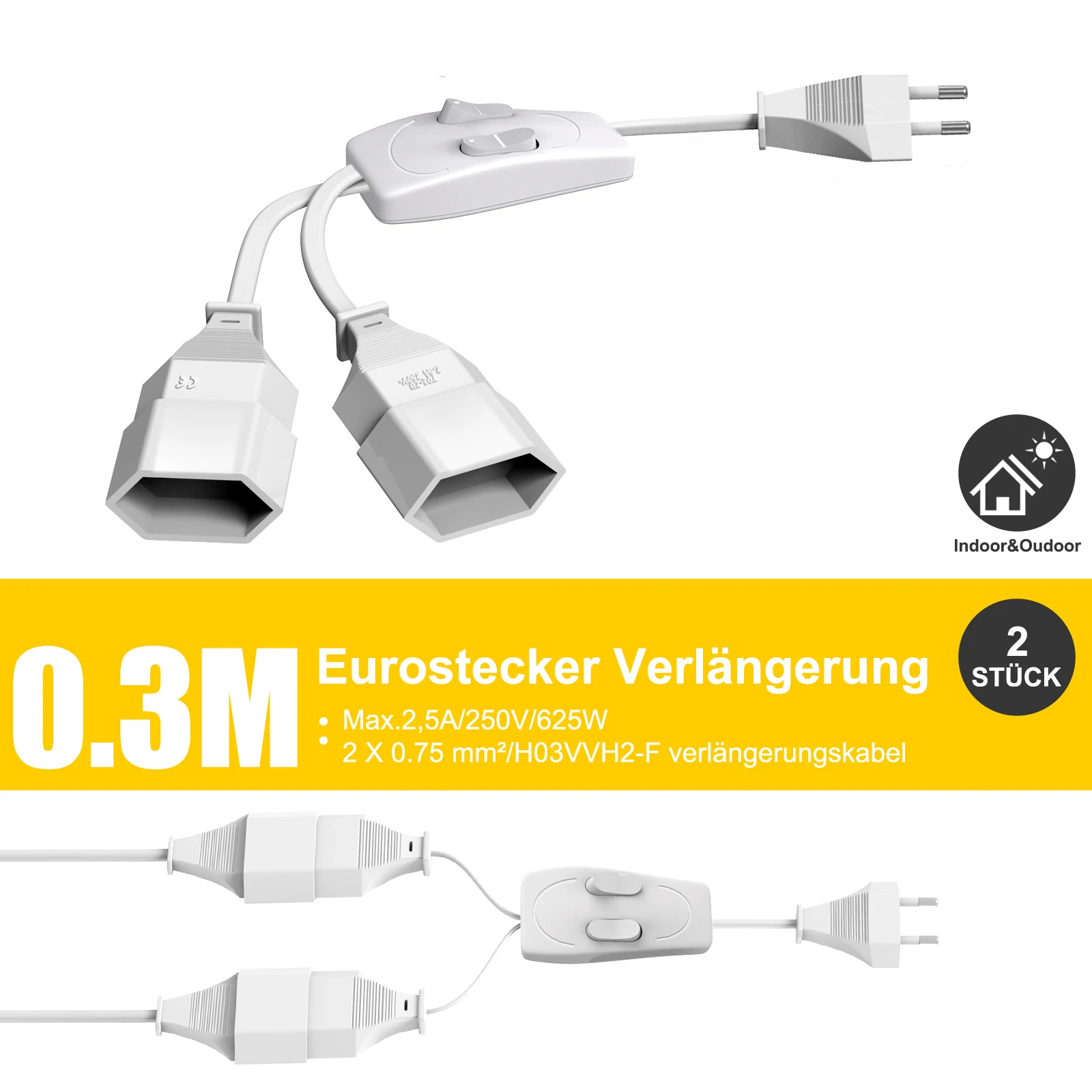 Dual Plug Power Extension Cable with Dual Switch - Safe & Compact Design