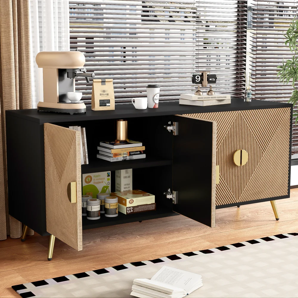 PINGGO Moderner Minimalistischer Beistellschrank mit Vier-Türen-Design Goldfarbene Gebürstete Griffe Großer Stauraum für Wohnzimmer – Detail 6