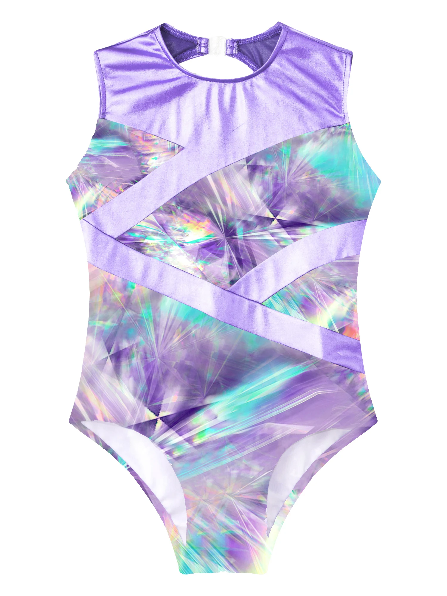 Kids Girls Rhythm Gymnastic Skating Bodysuit Swimsuit for Ballet Dancing Printed Metallic Leotard Round Neck Hollow Out Jumpsuit ballet leotard dance leotard girls dance costumes