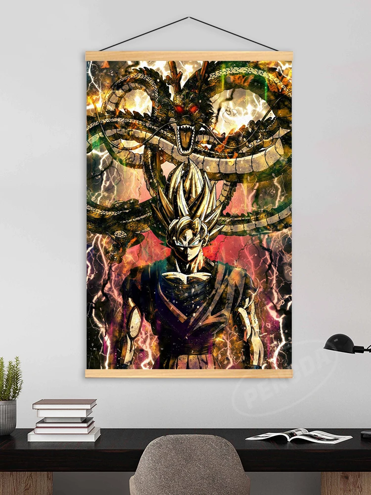 Dragon Ball Z Canvas Anime Super Saiyan Wall Artwork Goku Painting Hanging Scroll Wooden Print