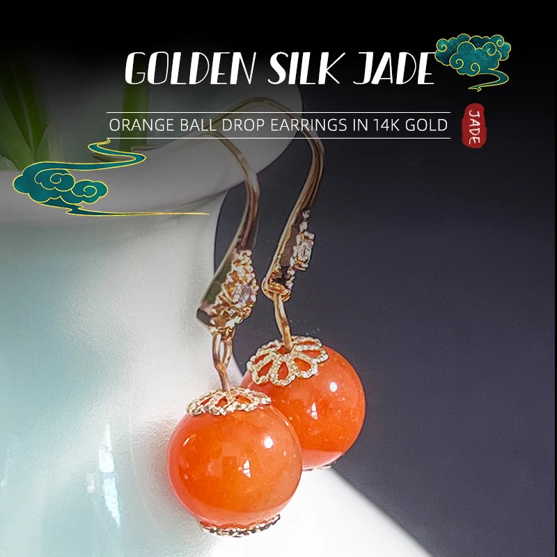 WomensEarringsGenuineNaturalQuartziteJade14KGoldInlaidOrange