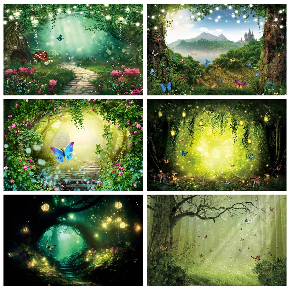 Dreamy Forest Backdrop Photography Glitter Butterfly Baby Shower Birthday Party Wedding Photocall Background Decor Studio Props