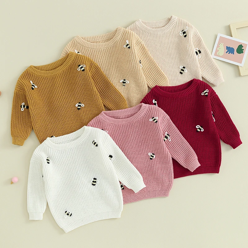FOCUSNORM 6 Colors Infant Baby Girls Boys Sweater Bee Pattern Knitted Long Sleeve Round Neck Pullover Winter Sweatshirt