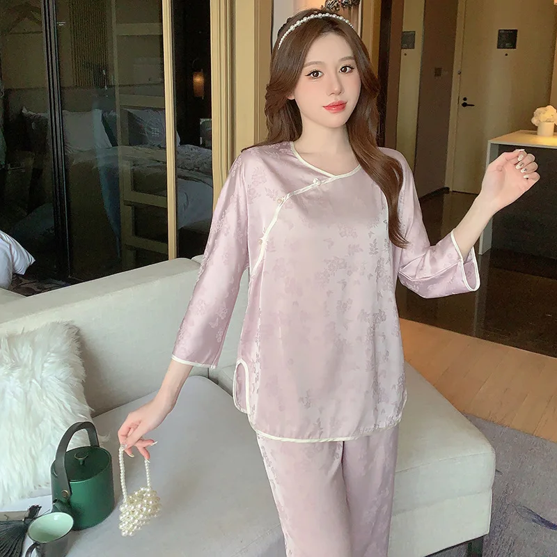 Ice silk pajamas women's long-sleeved trousers fashionable silk  pijamas women  женское бельё  pijama perro