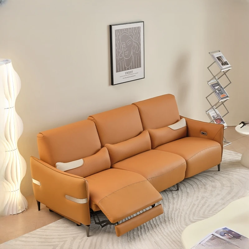 

Cat's paw leather electric sofa straight row modern simple living room small apartment multi-functional leather sofa for three