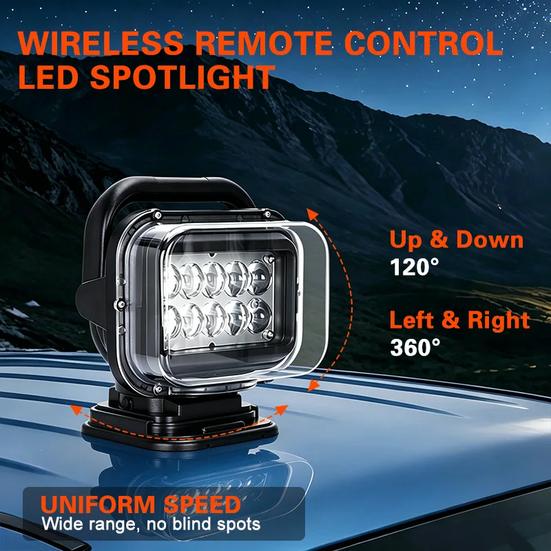 7인치 무선 원격 제어 서치라이트 50W (9-32V 장비용) 위아래 좌우 회전 LED 라이트 보트 신호등