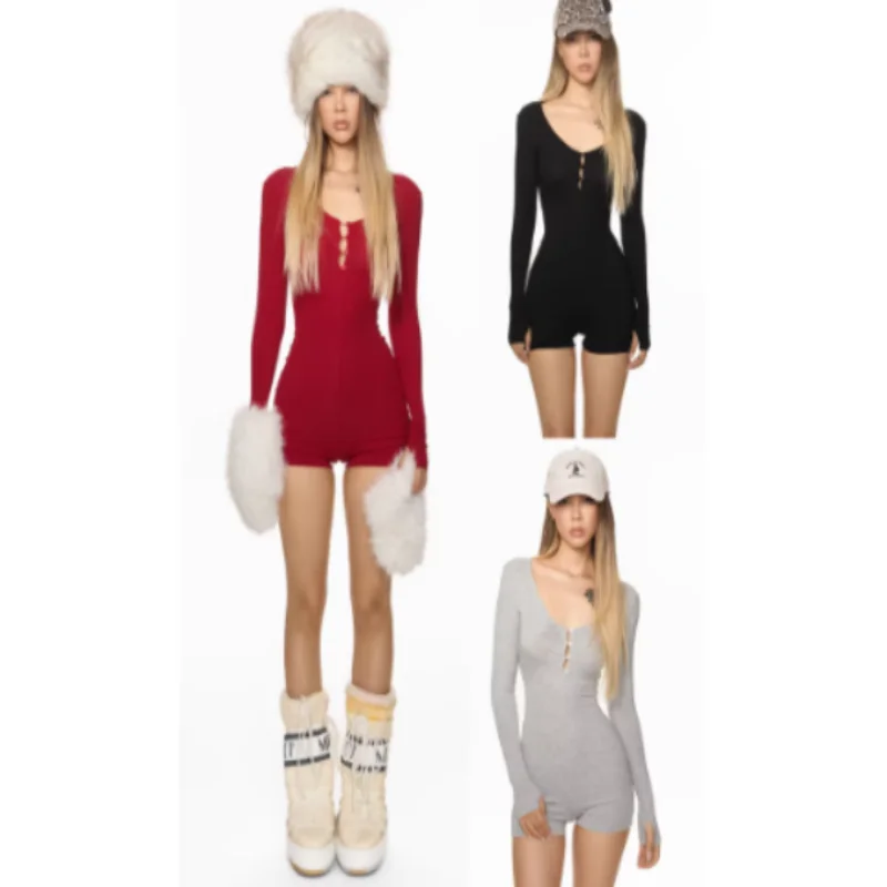 Sexy Spicy Girl Sle Pure Color round Ne Button Slimming Long Sve  Suit ort Pants High Waist Polyester Fiber