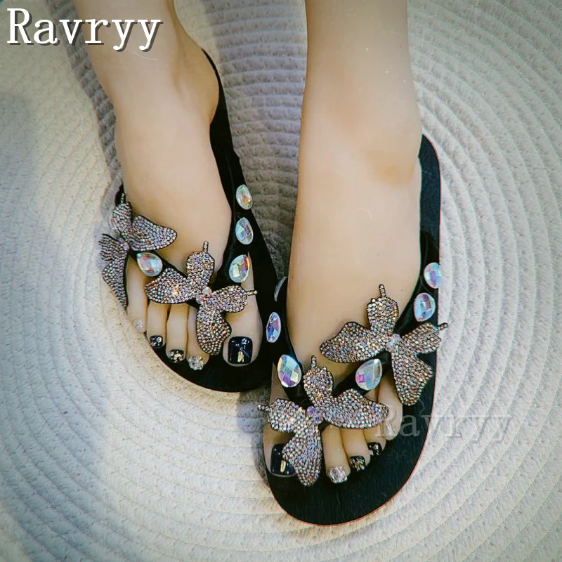 Bling Diamond Butterfly Soft Bottom Slippers Women Shine Rhinestones Flat Heel Flip-Flops Summer Beach Outdoor Shoes