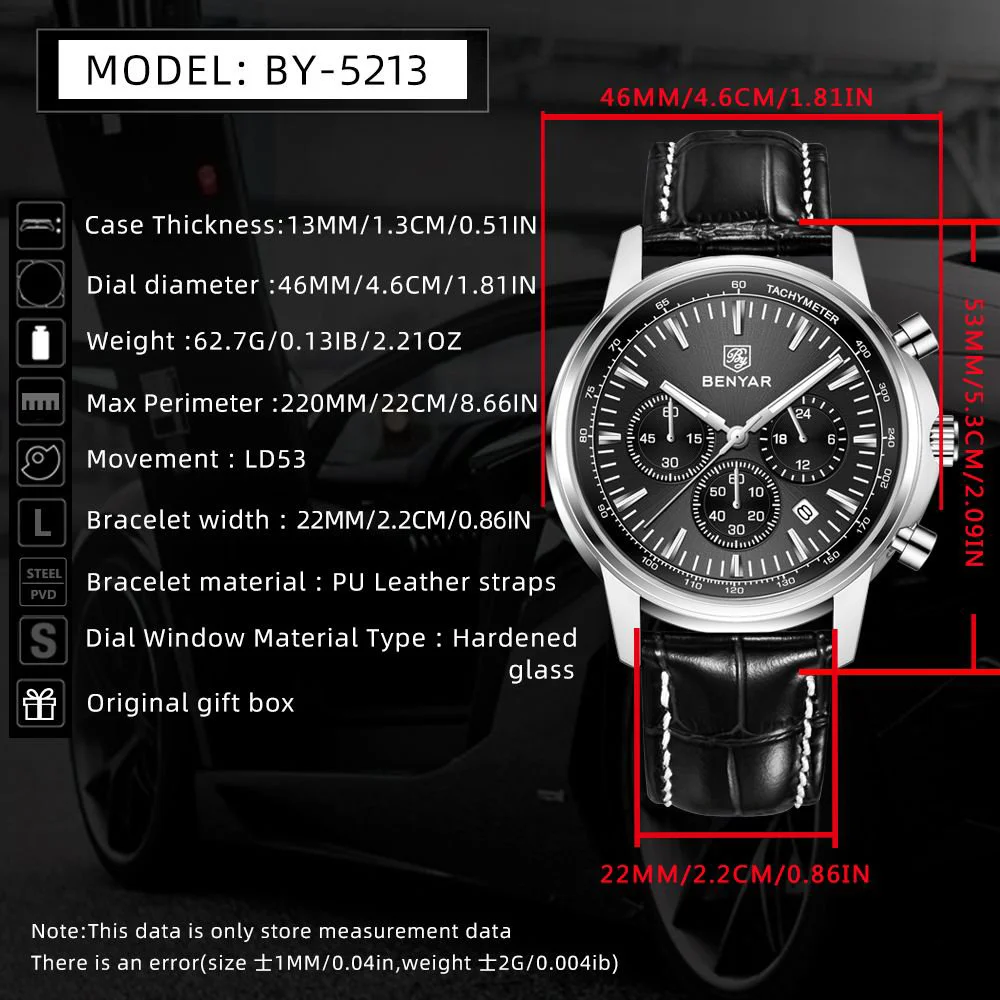2025 Benyar New 46mm Luxury Sports Quartz Watch Chronograph Fashion Leather Military Clock Relojes Hombre, Alina Gadgets