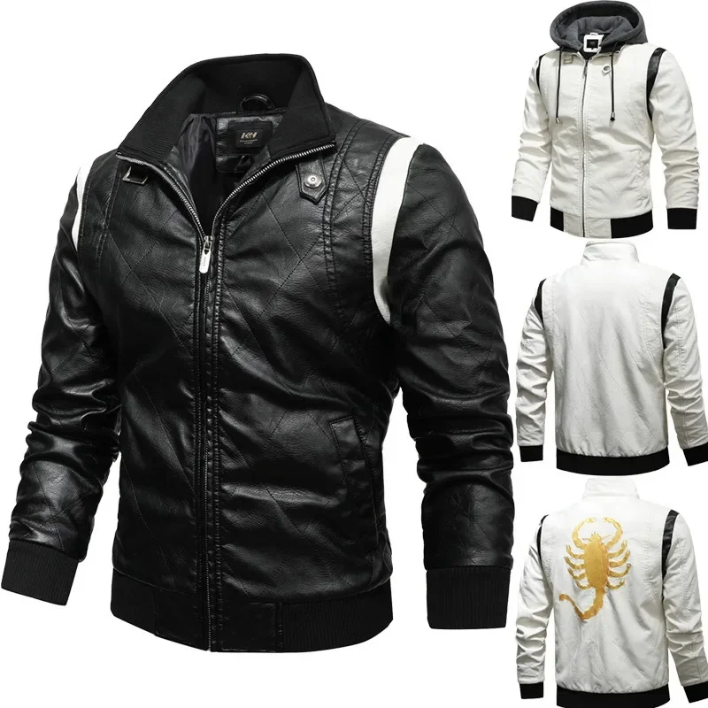 Autumn Winter Bomber Leather Jacket Men Scorpion Embroidery Hooded Jacket PU Leather Motorcycle Mens Ryan Gosling Drive