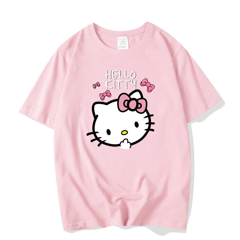 

Kawaii Sanrio Hellokitty 100% Cotton T-Shirt Women Summer Cartoon Short Sleeve New Cute Hello Kitty Loose Fit Student Top Gifts